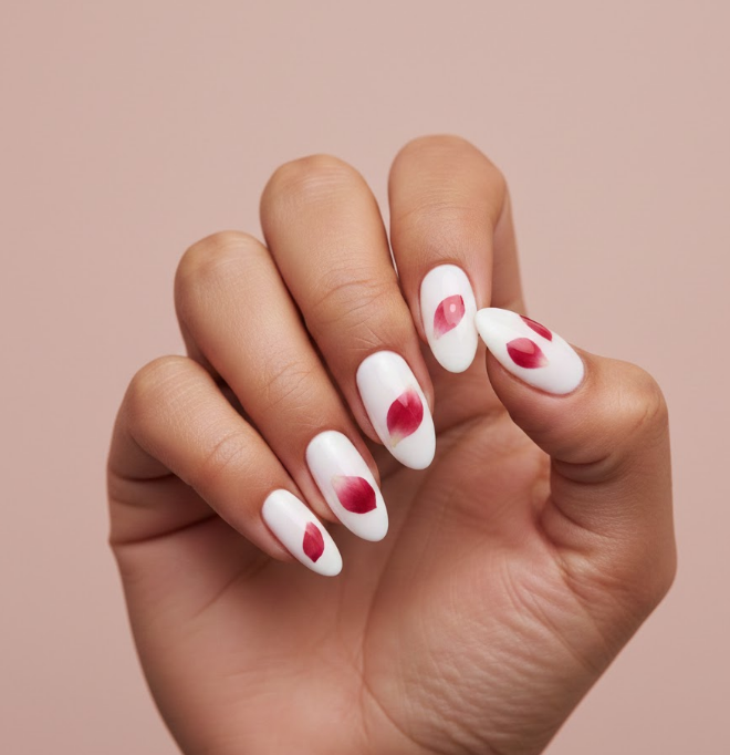 Transparent red petals suspended within white nails, ethereal and romantic, reminiscent of gifting roses