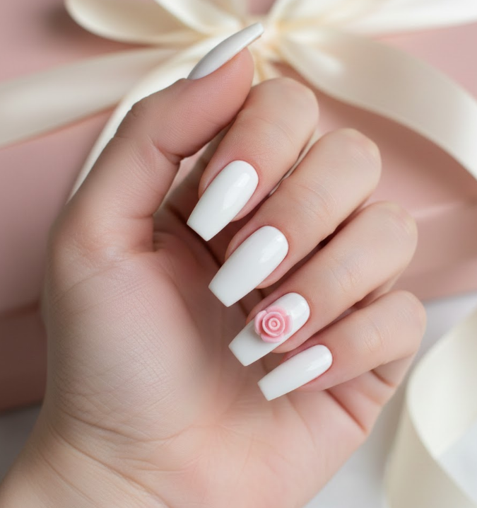 Minimal white nails with a single 3D rosebud accent, delicate and meaningful for Valentine’s gestures