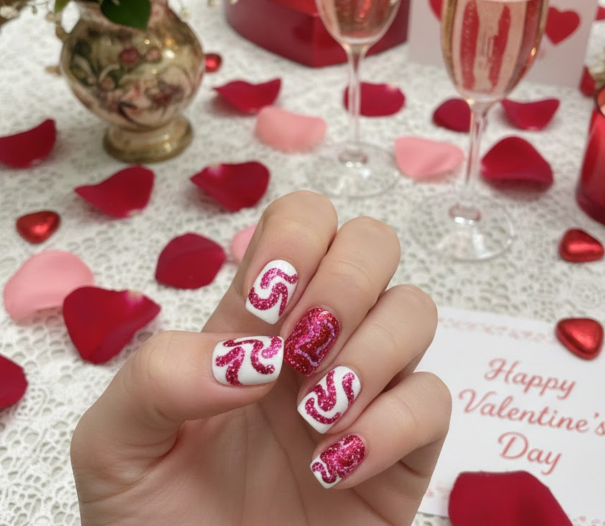 White nails with flowing pink and red glitter swirls, playful and festive for Valentine’s celebrations