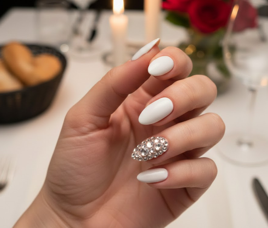 White nails with small crystal clusters on an accent nail, sparkling luxuriously for romantic moments