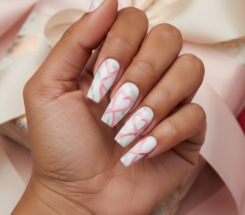 White marble nails intertwined with soft pink ribbon effects, elegant and modern white valentine nails