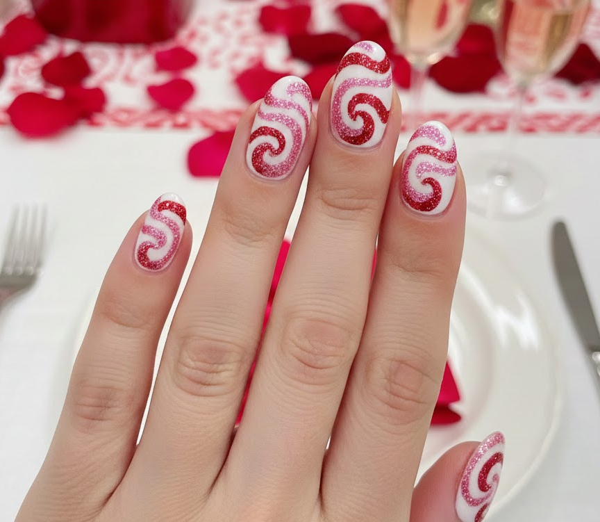 White nails with flowing pink and red glitter swirls, playful and festive for Valentine’s celebrations