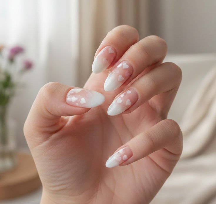 Gentle white-to-nude gradient nails with tiny blended hearts, soft and intimate for Hug Day moments