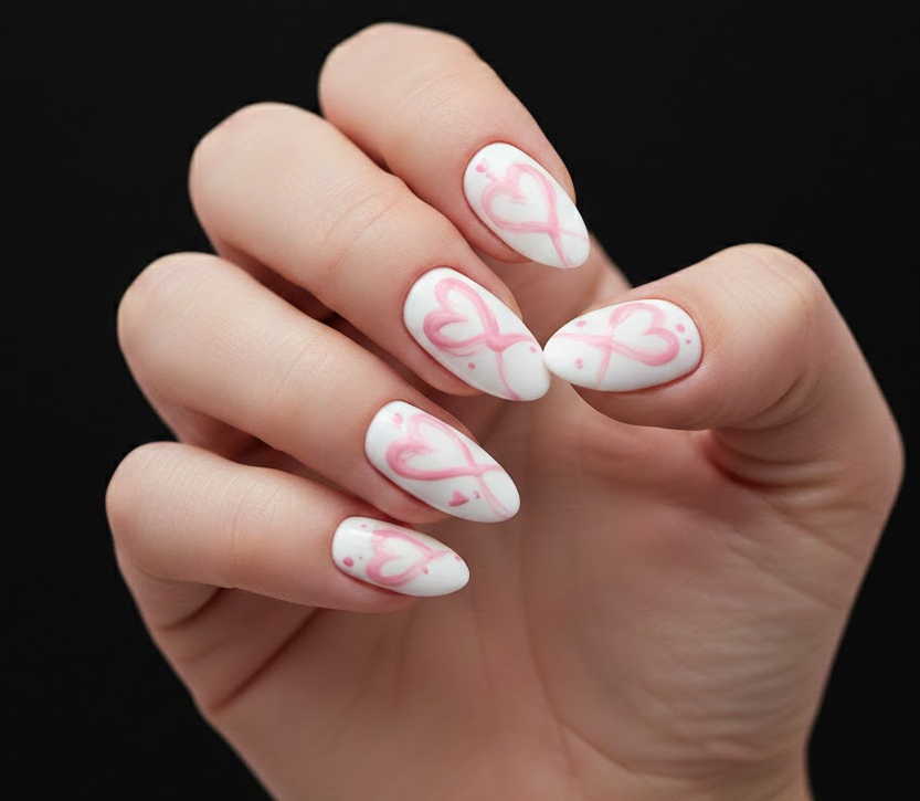Abstract pink brush strokes over white nails form soft heart illusions, artistic and social media-ready