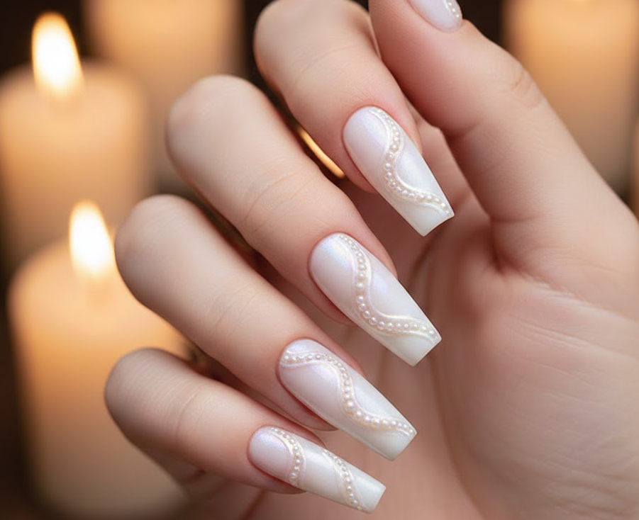 White nails with curved pearl lines like delicate waves of love, elegant and romantic