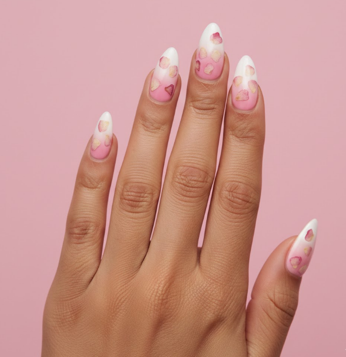 White-to-pink ombre nails with scattered rose petals, soft and romantic, evoking chocolate and rose day sweetness