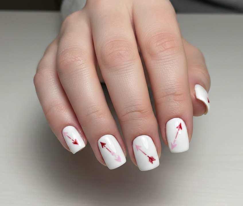 White nails with tiny arrow details, subtle nod to Valentine’s affection and playful charm