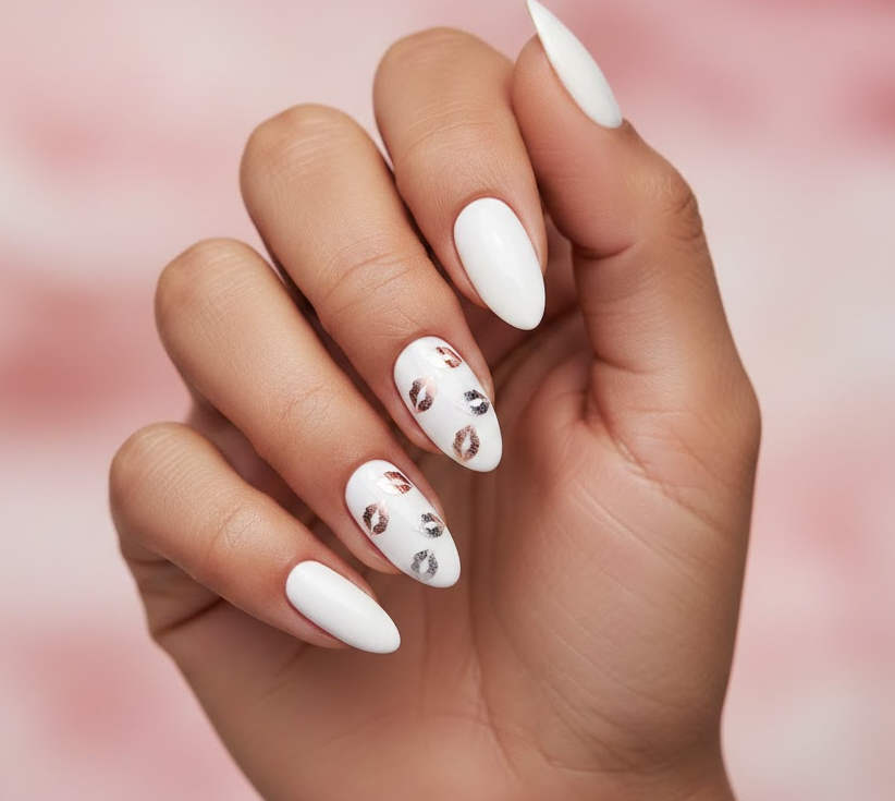 Glossy white nails with small metallic kiss stickers, playful and flirty for Valentine’s fun