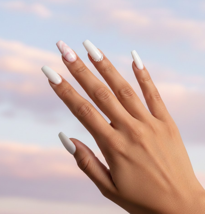 White nails with gentle pink cloud swirls, dreamy and whimsical, perfect for Valentine daydreams