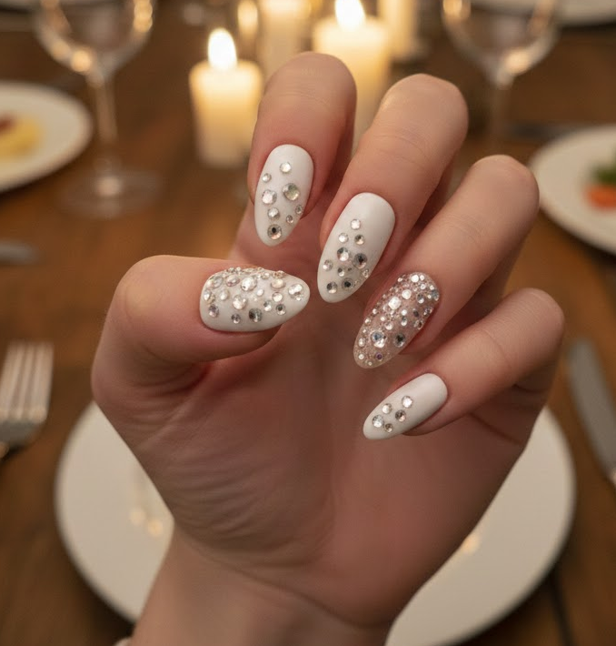 White nails with scattered rhinestones embedded in clear layers, sparkling like stars for romantic vibes
