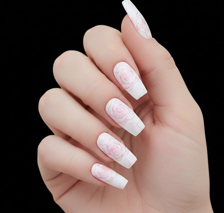 White nails with soft pink rose outlines fading naturally, elegant and thoughtful for gifting