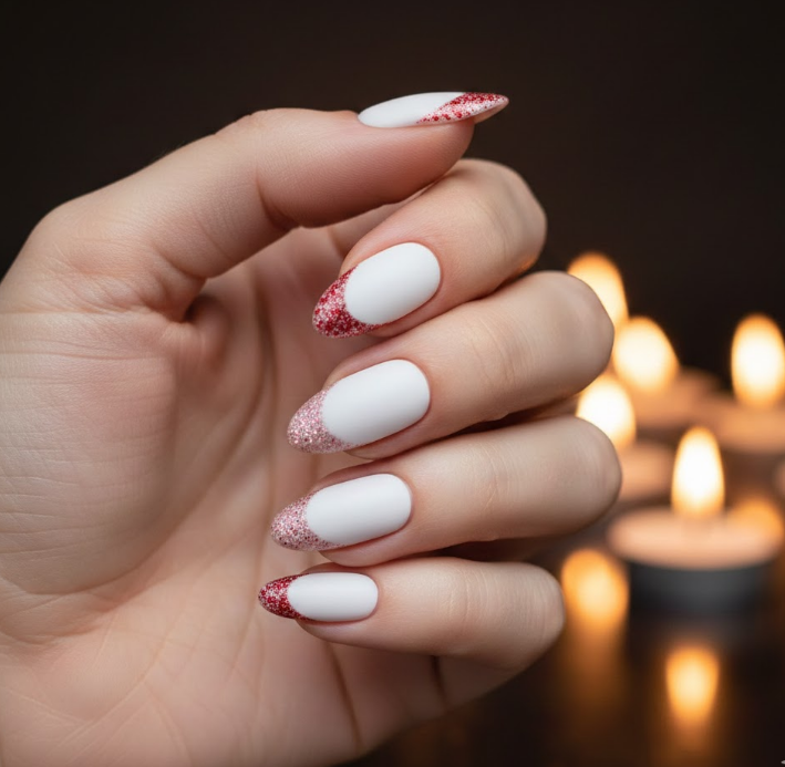 Matte white nails with subtle red and pink glitter tips, refined yet festive for Valentine’s Day