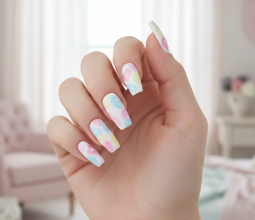 White nails featuring abstract floral and heart strokes, modern, playful, and artsy