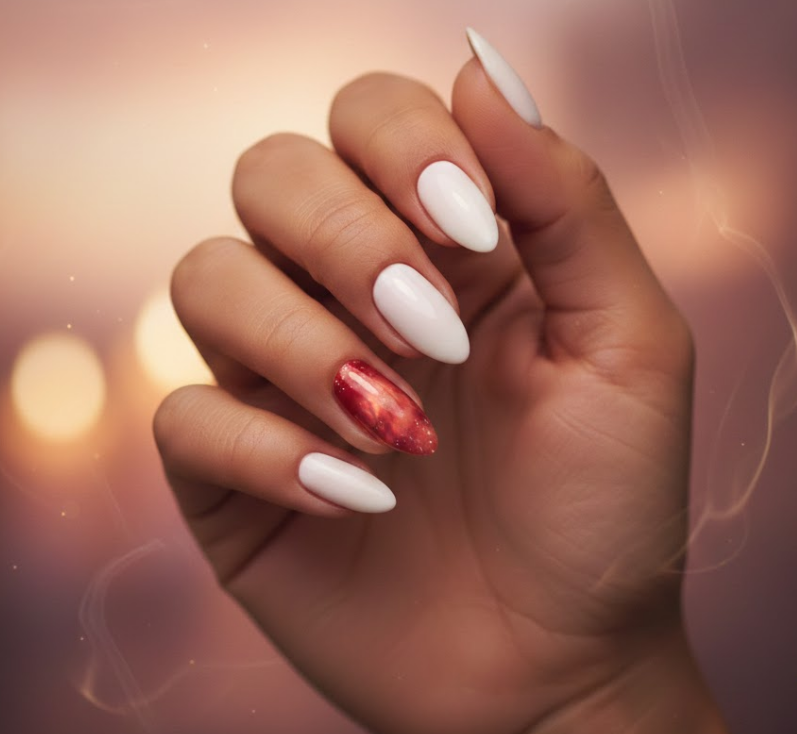 One white accent nail covered with a translucent red layer, mysterious and romantic