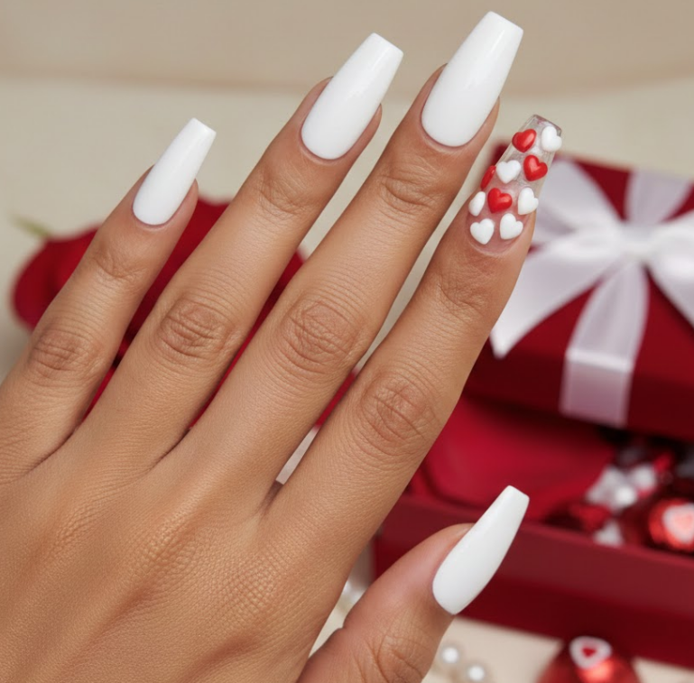 White nail with tiny 3D heart charms, playful yet statement-making, perfect for Valentine inspiration