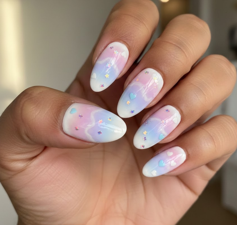Soft white nails with pastel clouds and tiny holographic stars, dreamy and whimsical white valentine nails