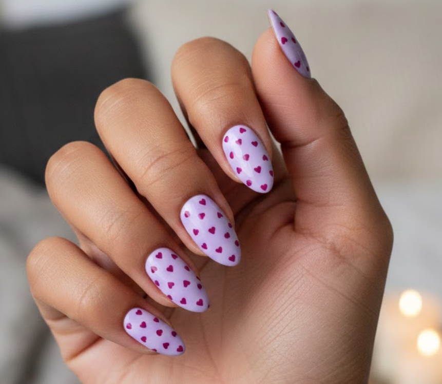 Soft light purple nails on hands and toes with tiny heart-shaped dots, simple and charming purple valentines nails
