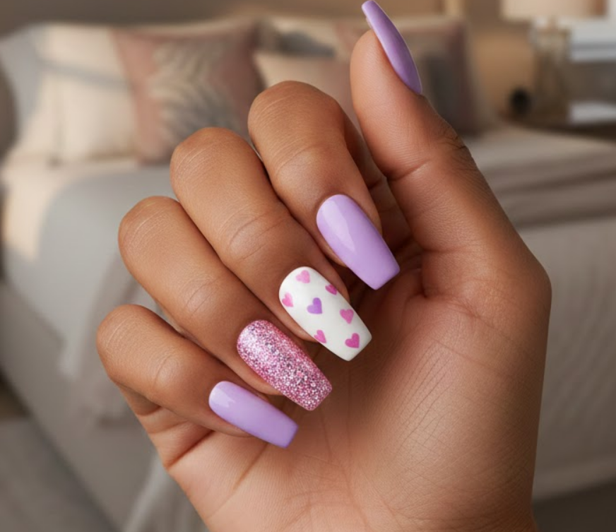 Purple nails with one nail in sparkling pink glitter, another in white with pink and purple hearts, playful and stylish