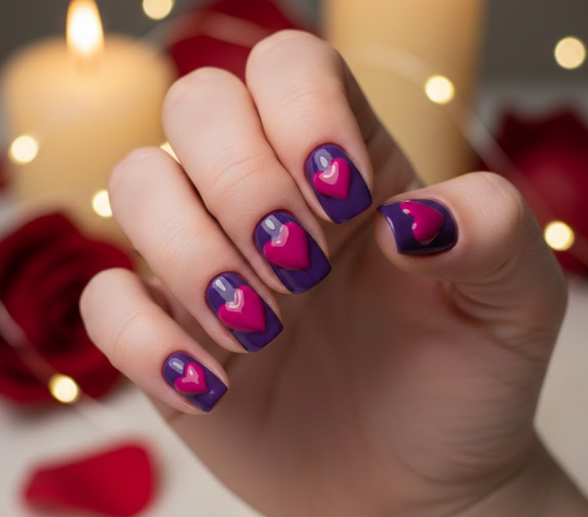 Hands and toes painted with purple nails covered in bold purple hearts, full-on romantic purple valentines nails