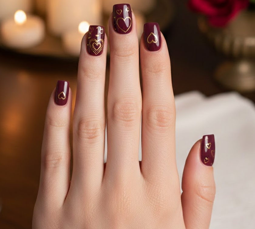 Dark plum nails accented with fine gold heart outlines, regal and sophisticated for Valentine’s Day