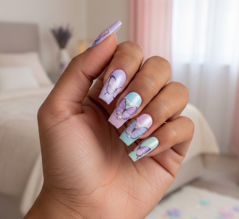 Purple nails on fingers and toes featuring butterfly wings arranged around a central heart, dreamy and unique