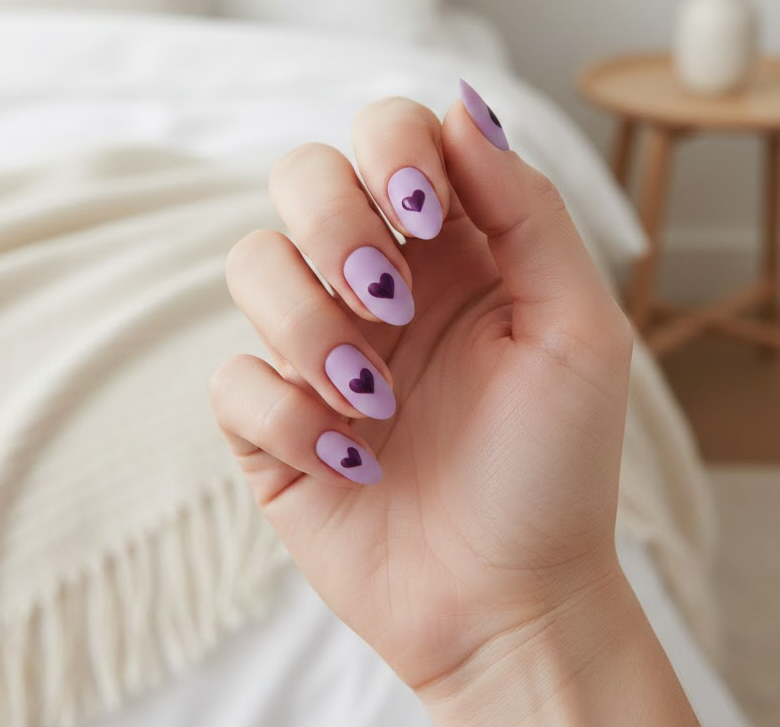 Purple nails on fingers and toes featuring butterfly wings arranged around a central heart, dreamy and unique