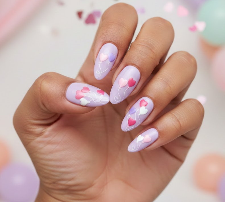 Lilac nails with floating heart balloon designs and delicate strings, cute and romantic