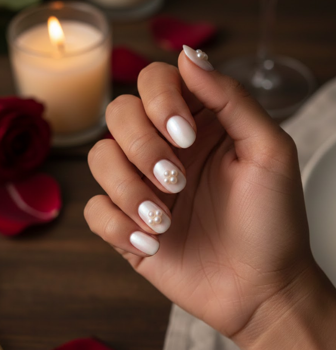 Glossy white nails topped with clusters of pearls, reflecting soft candlelight, elegant and tender