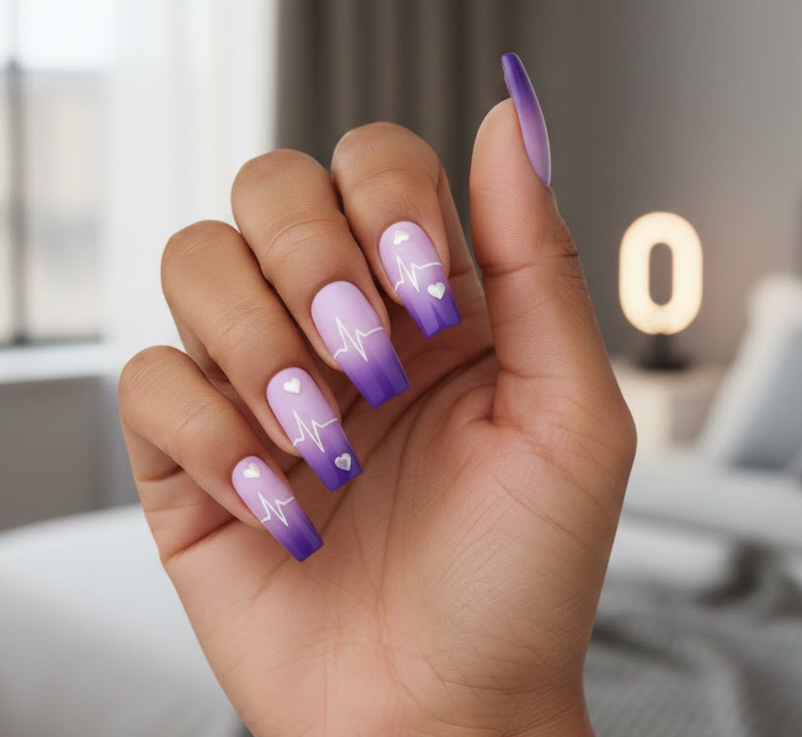 Ombre nails blending soft lavender into deep purple with a subtle white heartbeat line, modern Valentine’s style