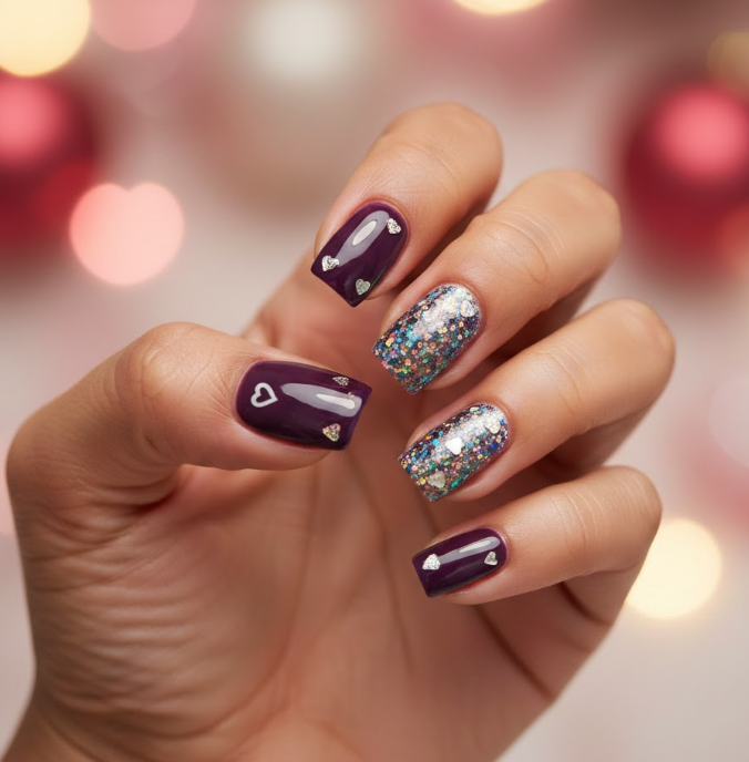 Dark purple nails with holographic shimmer on the tips, sparkling and eye-catching