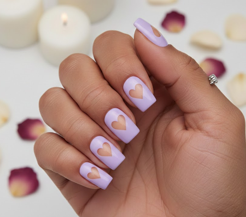 Pastel purple nails with a heart-shaped negative space, trendy and modern purple valentines nails