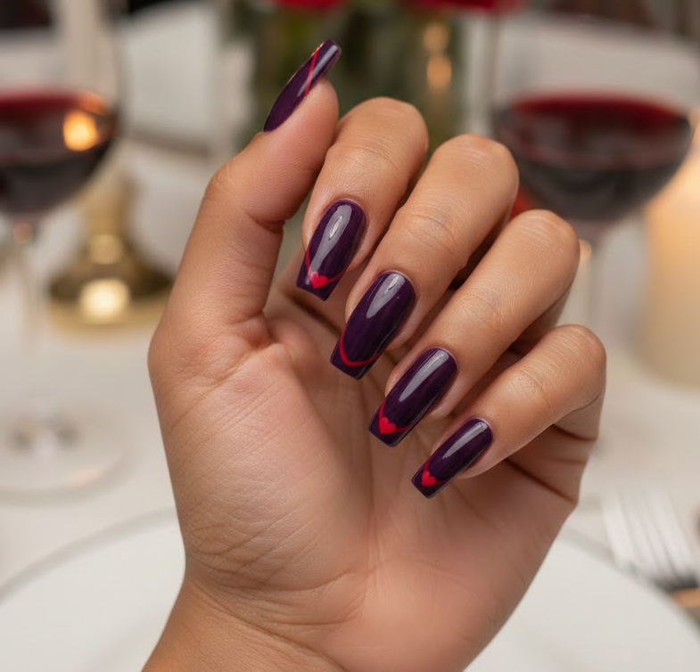 Classic purple French tips with a small red heart on the side, simple and romantic