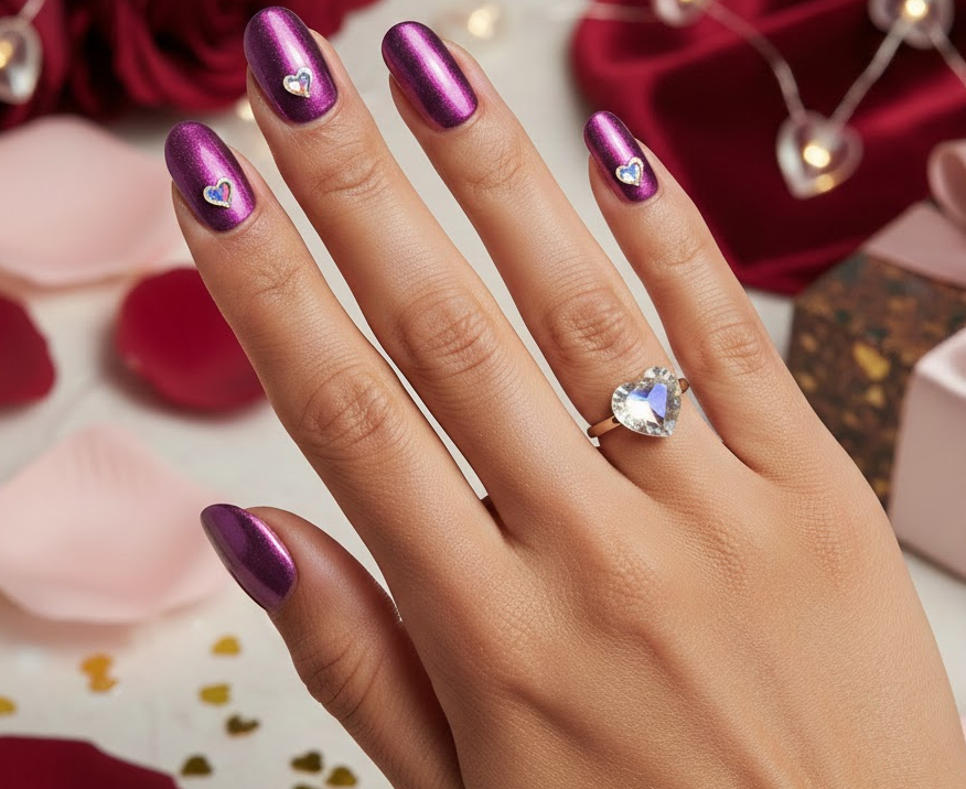 Shiny chrome purple nails with a crystal heart accent, glamorous and striking