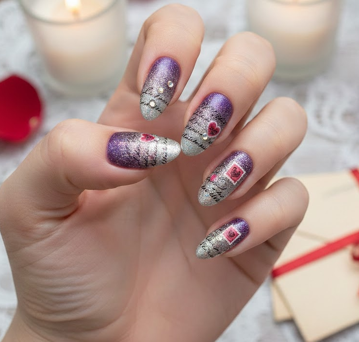Purple nails with a glitter gradient and tiny love letter stamp details, festive and charming