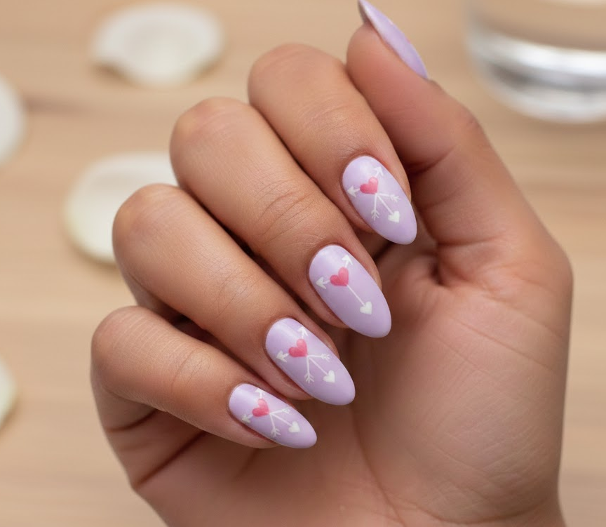 Lavender nails with a tiny Cupid arrow and heart motif, cute and Valentine-themed