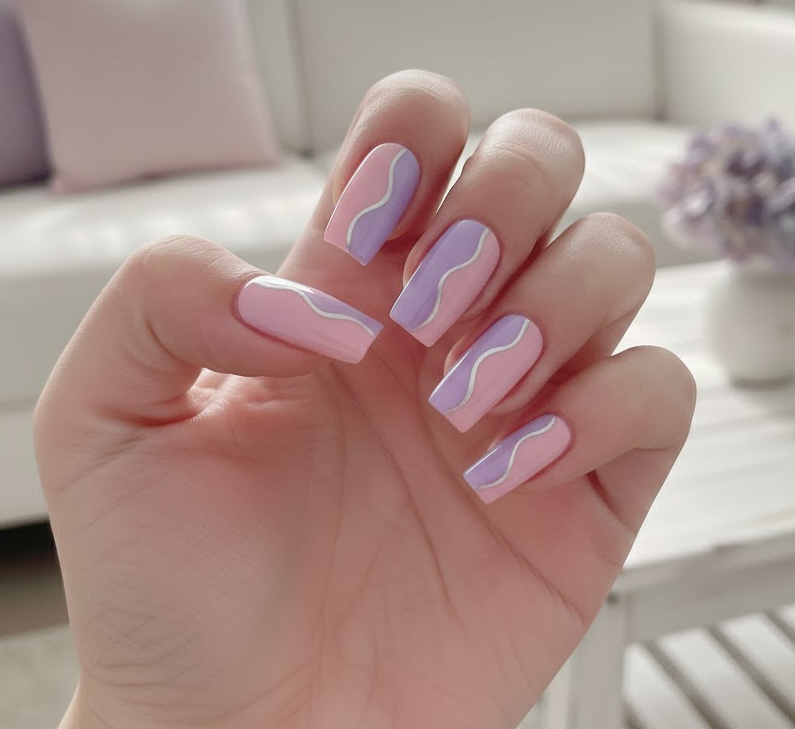 Half purple and half pink nails on hands and toes, bold and playful purple valentines nails