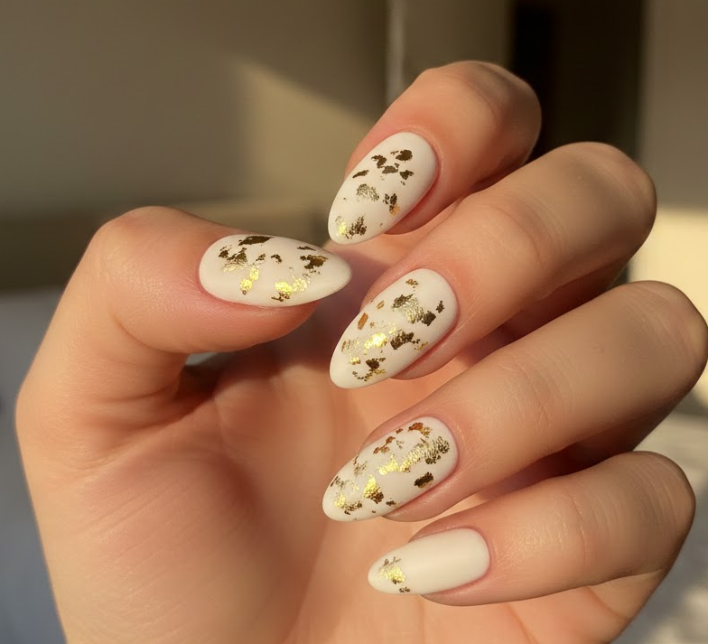 Matte white nails sprinkled with subtle gold leaf, giving intimate Valentine charm and understated glamour
