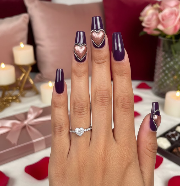Deep violet nails with a raised 3D gel heart for extra dimension and standout effect