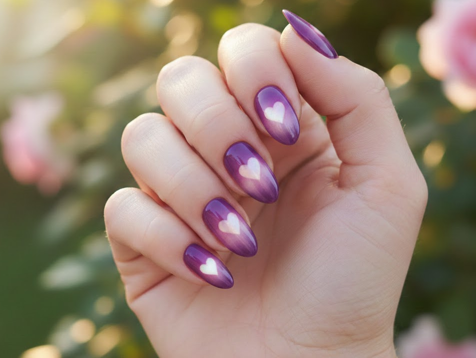 Purple nails with a soft glowing aura around a subtle heart, magical and dreamy Valentine’s style