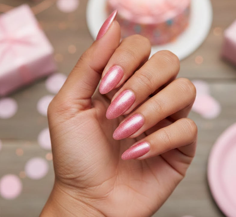 Pink nails with shiny strawberry candy glaze and a light chrome shimmer, glass-like finish, pink birthday nails vibe