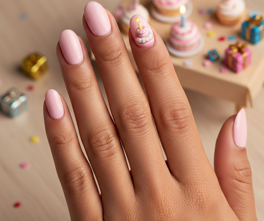 Pink nails with a tiny detailed birthday cake on one finger, icing layers clearly visible