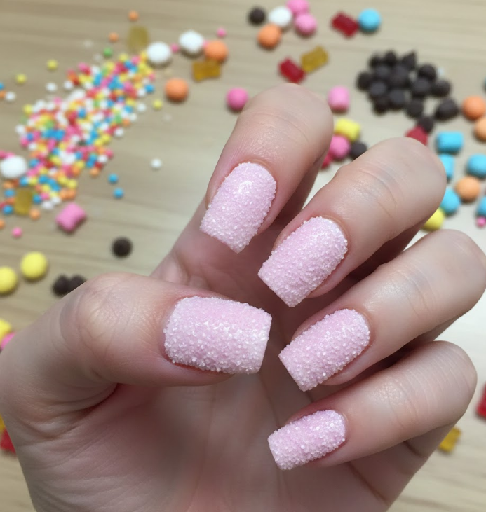 Light pink nails with colorful tiny dots resembling birthday donut sprinkles