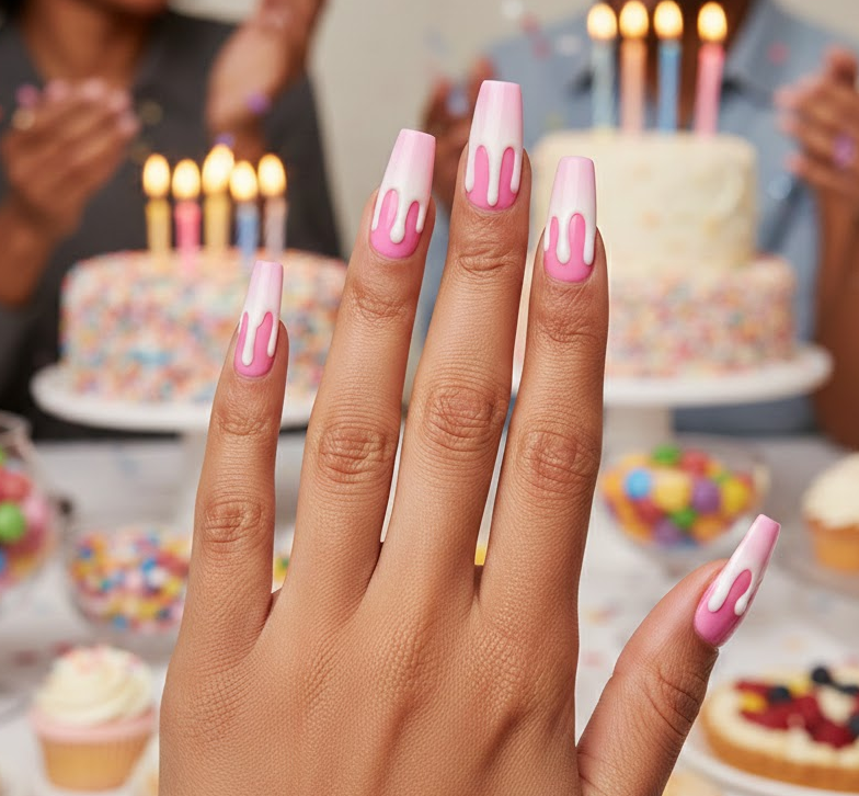 Pink nails with a grainy sugar-like texture, looks like sprinkles on candy