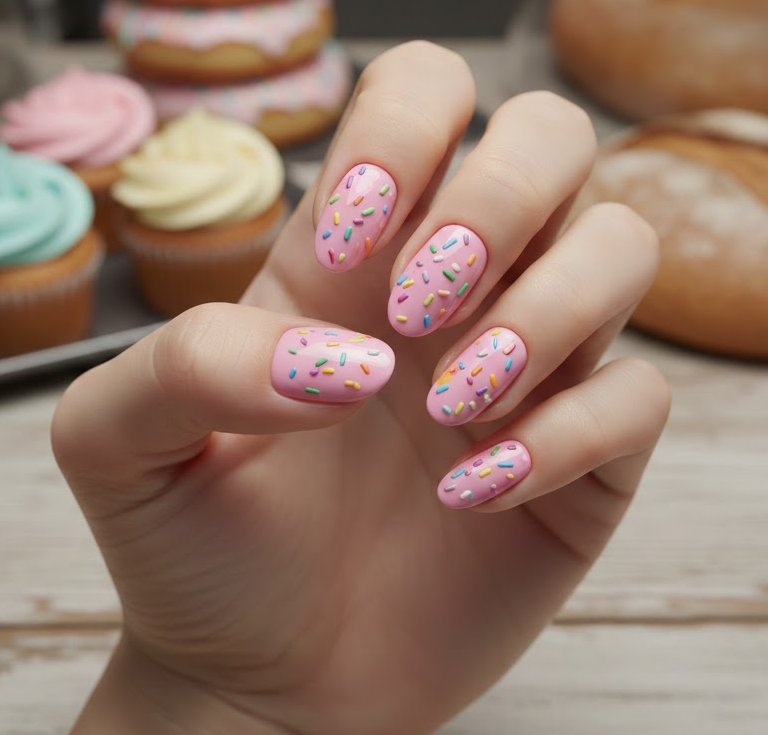 Pink nails fading into rose gold shimmer, sparkling like champagne at a birthday party
