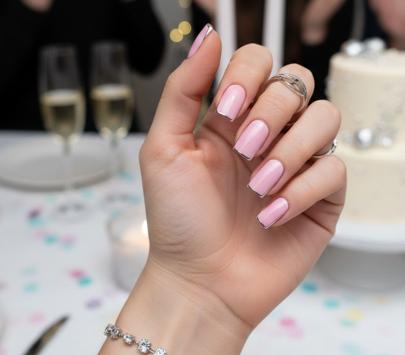 Pink nails with thin silver lines on edges, looks like jewelry on your nails