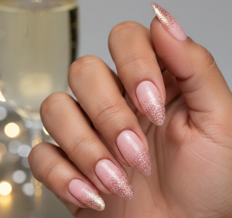Pink nails with scattered gold leaf pieces, luxurious and random for unique pink birthday nails