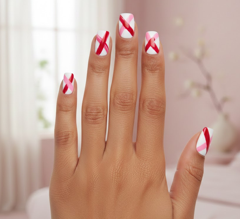 White nails with random red and pink streaks, playful and modern, a bold take on Valentine artistry