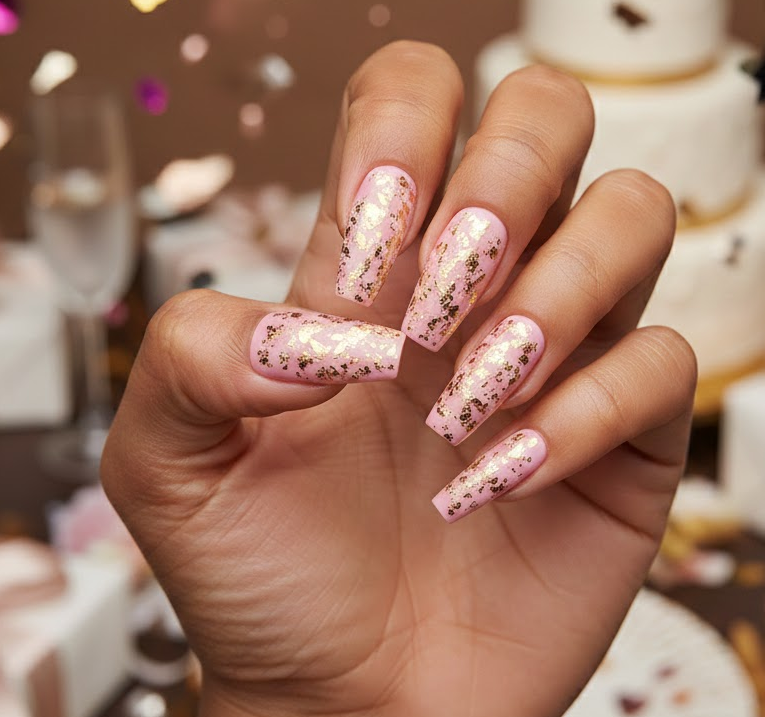 Pink nails with scattered gold leaf pieces, luxurious and random for unique pink birthday nails