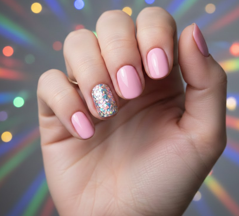 Pink nails with one nail glittering in rainbow colors, looks amazing under party lights