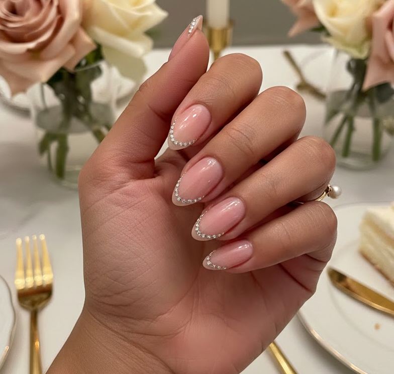 Pink nails with fine rhinestones along cuticles, clean and classy finish